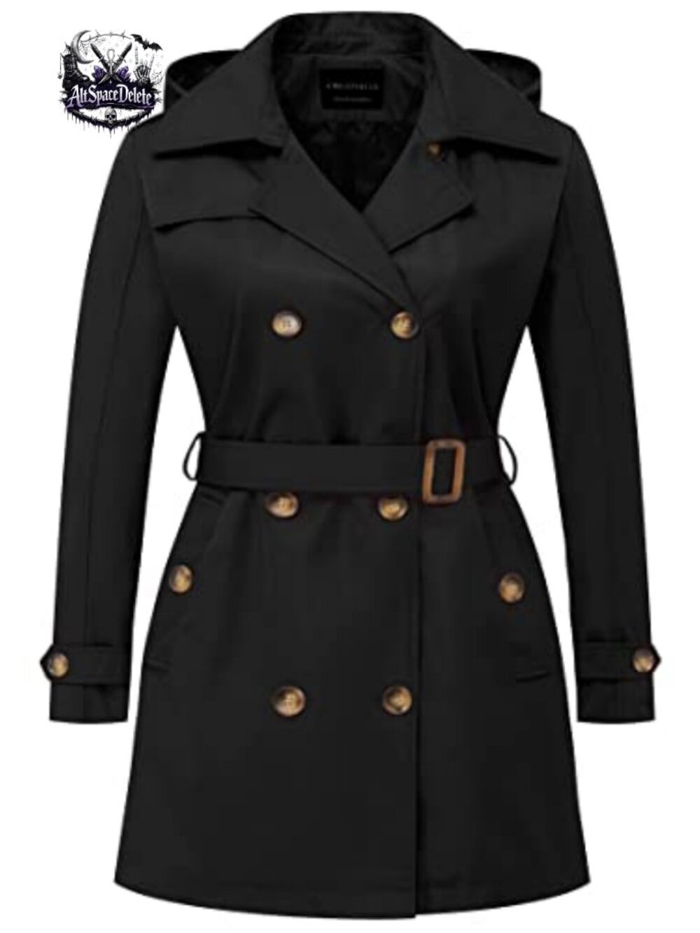 Plus Size Trench Coat Double-Breasted Belted Overcoat Detachable Hood